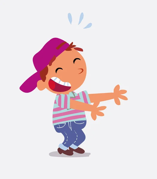 Personaje Dibujos Animados Niño Jeans Riendo Mucho Mientras Muestra Algo — Vector de stock