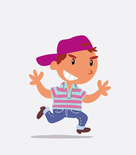Zeichentrickfigur Des Kleinen Jungen Auf Jeans Läuft Sehr Zufrieden — Stockvektor