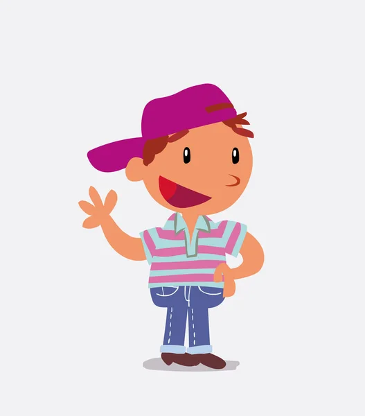 Personaje Dibujos Animados Niño Jeans Saludando Felizmente — Vector de stock