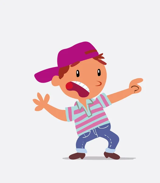 Asustado Personaje Dibujos Animados Niño Los Pantalones Vaqueros Apunta Lado — Vector de stock