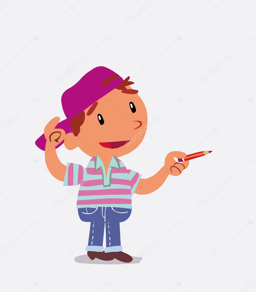 cartoon character of  little boy on jeans doubts while pointing with a pencil