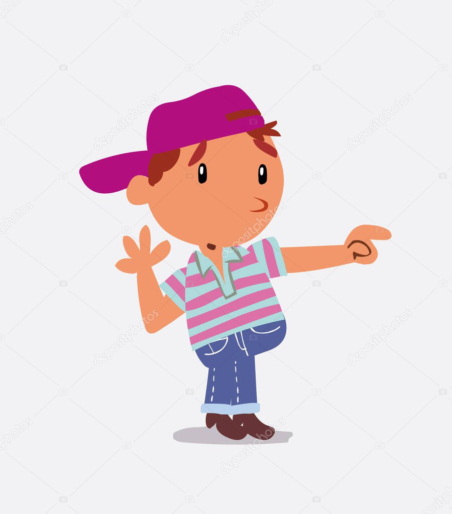 Surprised cartoon character of  little boy on jeans points to something to his side