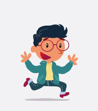 Çizgi film karakteri kot pantolon giymiş mutlu bir şekilde koşuyor.