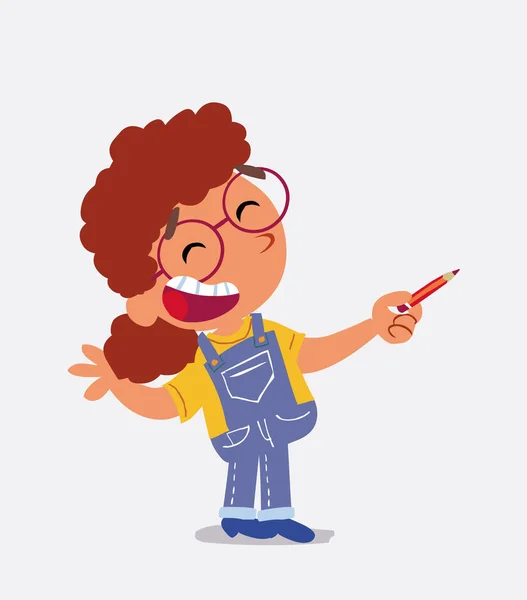 Personaje Dibujos Animados Niña Jeans Feliz Mientras Que Señala Lado — Vector de stock