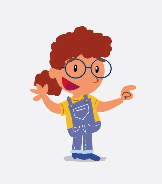 Personaje Dibujos Animados Niña Jeans Sonriendo Mientras Señala — Vector de stock