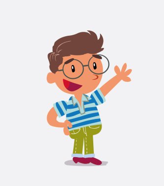 Çizgi film karakteri kot pantolon giymiş bir çocuğu işaret ederken bir şey anlatıyor.