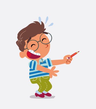 Çizgi film karakteri kot pantolon giymiş küçük bir çocuk kalemle yan tarafı gösterirken gülüyor.