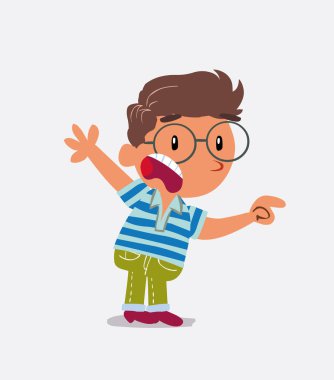 Çizgi film karakteri, kot pantolonlu küçük bir çocuk. Öfkeli bir şeyi işaret ediyor.