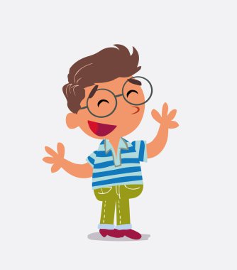 Kot pantolonlu küçük çocuğun bir şeyi açıklayan mutlu çizgi film karakteri.