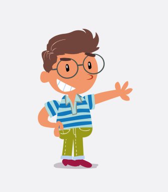 Mutlu çizgi film karakteri kot pantolonlu küçük çocuk bir şeye işaret ediyor.