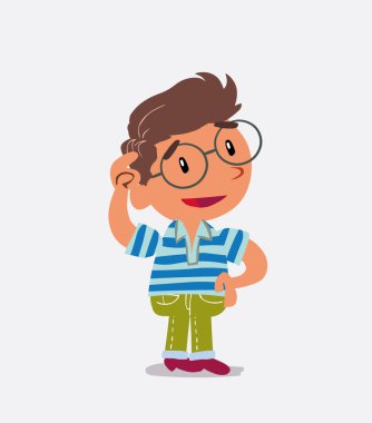 Kafasını kaşıyan kot pantolonlu küçük bir çocuğun düşünceli çizgi film karakteri.