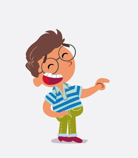 Cartoon Character Little Boy Jeans Points His Side While Laughing — Stock Vector