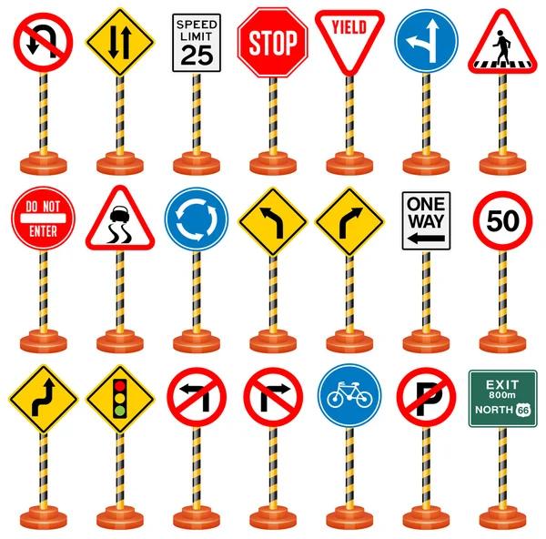 Znaki drogowe, znaki drogowe, transport, bezpieczeństwo, Podróże — Wektor stockowy