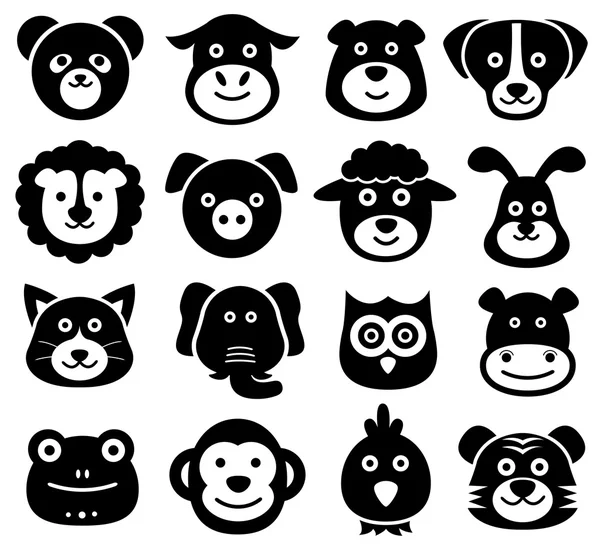 Djur ansikten, animaliska ikoner, silhuetter, Zoo, natur — Stock vektor