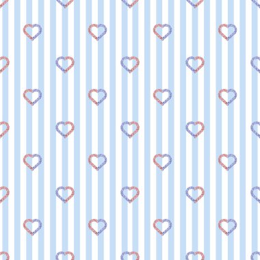Mavi çizgili arka planda kusursuz sevgililer günü şablonu. İki tonluk pırıltılı kalp damgasıyla.