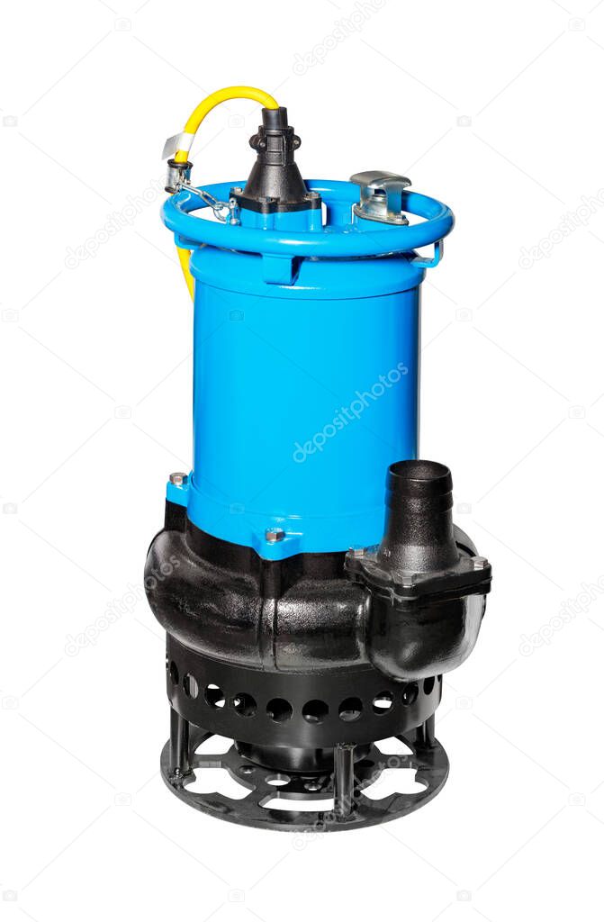 Powerful industrial submersible pump of blue color for pumping out waste water, isolated on a white background.