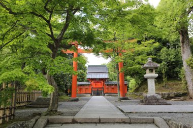 Japonca tapınak Japon kırmızı kapı ve yeşil akçaağaç bırakır