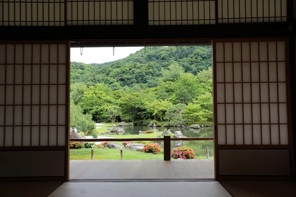 Japanese Temple with Japanese red Gate and green maple leaves in