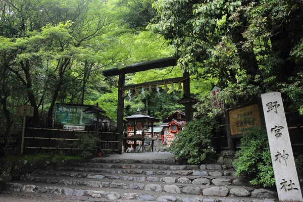 日本寺庙与日本扇红色的门和绿枫树叶中 — 图库照片