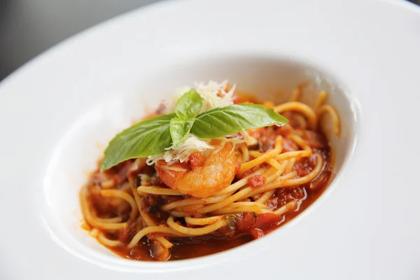 Spaghetti bolognese with shrimp — Stock Photo, Image