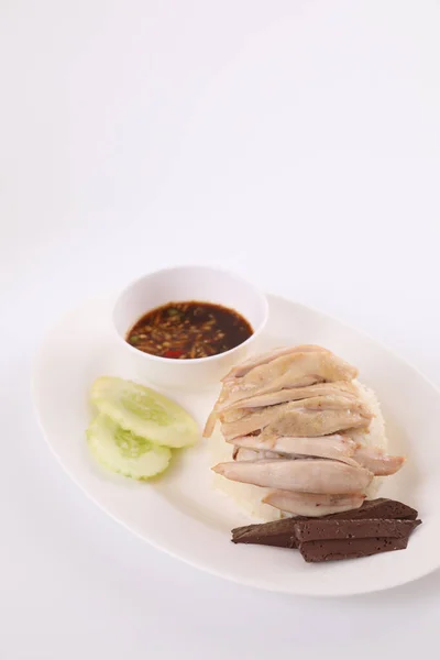 Tajskie Jedzenie Gotowane Parze Kurczaka Ryżem Khao Mun Kai Tle — Zdjęcie stockowe