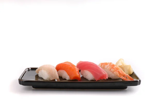 Sushi Set Japansk Mat Sushi Lax Tonfisk Räkor Och Havsabborre — Stockfoto