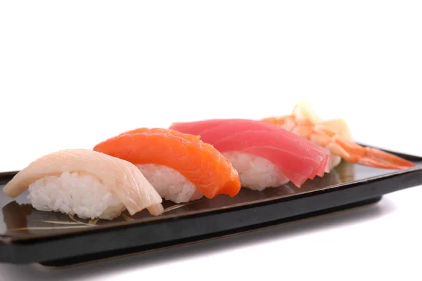 Set Sushi Comida Japonesa Sushi Salmón Atún Camarones Lubina Aislados — Foto de Stock