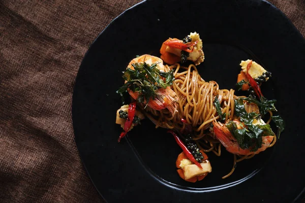 Spaghetti Spicy Shrimp Thai Fusion Food — Stock Photo, Image