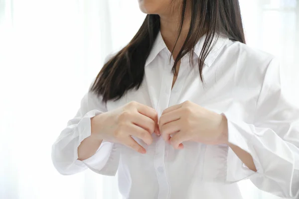 Portrait Beautiful Asian Girl Body Dressing White Room — Stock Photo, Image