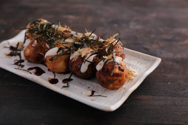 Takoyaki Isoliert Holz Hintergrund Japanisches Essen — Stockfoto