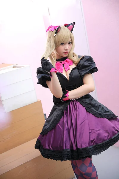 Japón Anime Cosplay Retrato Chica Cosplay Rosa Habitación Fondo — Foto de Stock