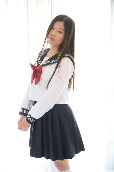 School Girl Sitting White Tone Bed Room — Stock Photo, Image