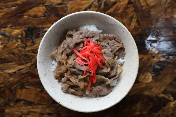 Gyudon Japansk Nötkött Ris Skål Närbild Japansk Lokal Mat — Stockfoto