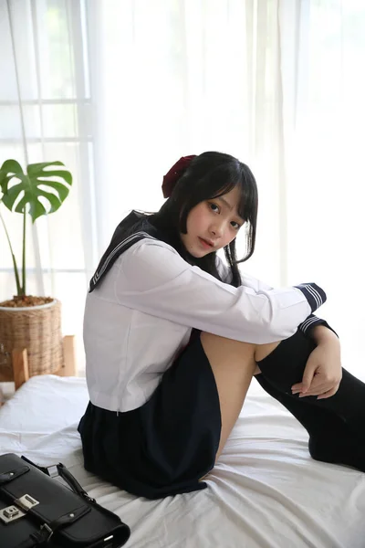 Japanese School Girl Sitting Bedroom White Tone — Stock Photo, Image