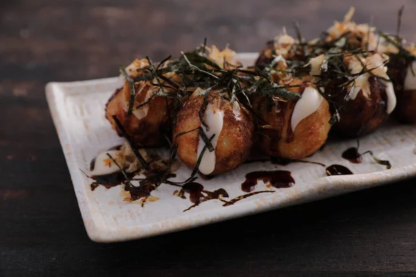 Takoyaki Isoliert Holz Hintergrund Japanisches Essen — Stockfoto