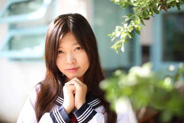 Japanese School Girl Local Coffee Shop — Stock Photo, Image