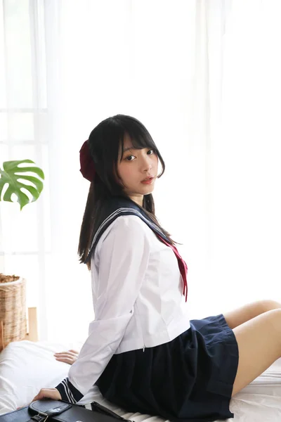 Japanese School Girl Sitting Bedroom White Tone — Stock Photo, Image