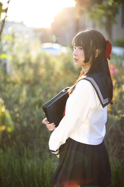 Asian School Girl Countryside Background — Stock Photo, Image