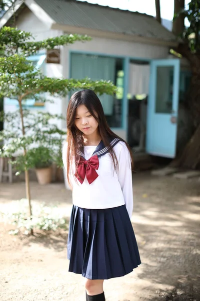 Menina Escola Japonesa Café Local — Fotografia de Stock