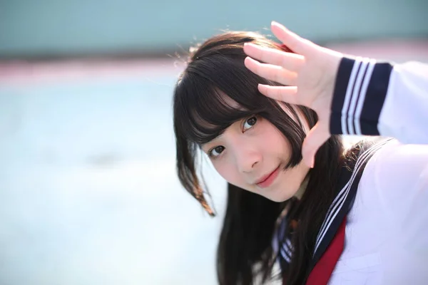 Portrait Asian Schoolgirl Looking Blue Stadium Background — Stock Photo, Image