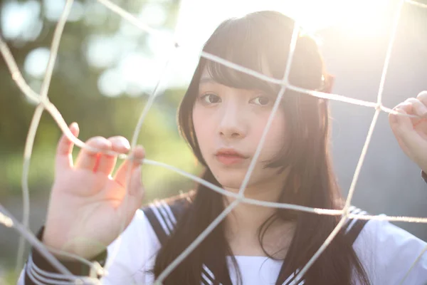 Portrait Asian Japanese High School Girl Uniform Looking Soccer Goal — Stock Photo, Image