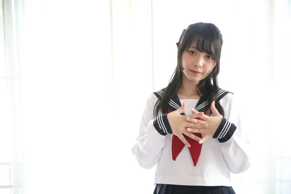 Retrato Japonés Escuela Chica Blanco Tono Cama Habitación —  Fotos de Stock