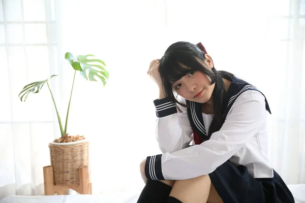 Japanese School Girl Sitting Bedroom White Tone — Stock Photo, Image