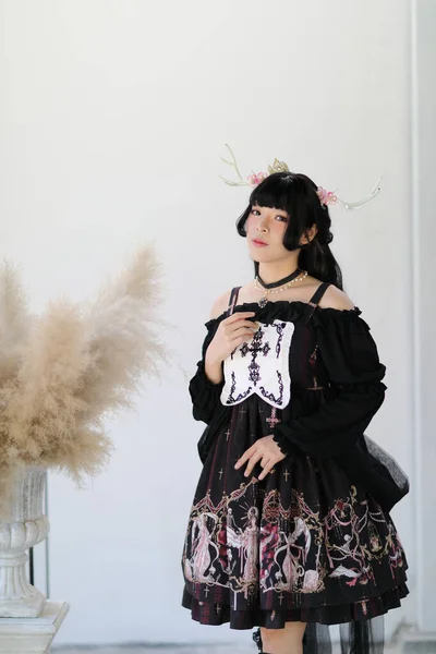 Retrato Ásia Menina Lolita Moda Vestido Jardim Fundo — Fotografia de Stock