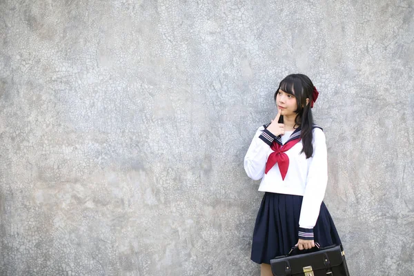 Portrait Asian Schoolgirl Grey Background — Stock Photo, Image