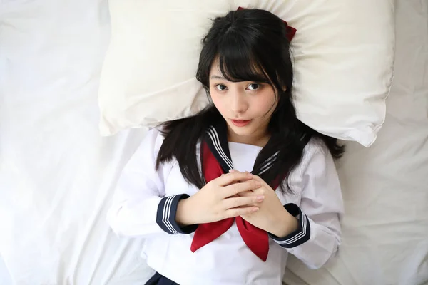 Portrait Japonais Écolière Dormir Avec Oreiller Ton Blanc Chambre Coucher — Photo