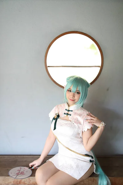 Japan Anime Cosplay Porträtt Flicka Med Kinesiska Klänning Kostym Kinesiska — Stockfoto