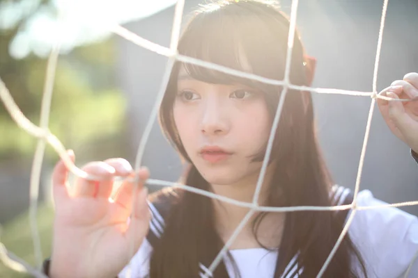 Portrait Asian Japanese High School Girl Uniform Looking Soccer Goal — Stock Photo, Image
