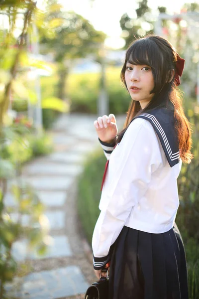 Asian School Girl Walk Looking Flower Garden Background — Stock Photo, Image