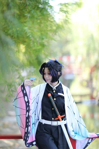 Japan Anime Cosplay Portrait Girl Comic Costume Japanese Theme Garden — Stock Photo, Image